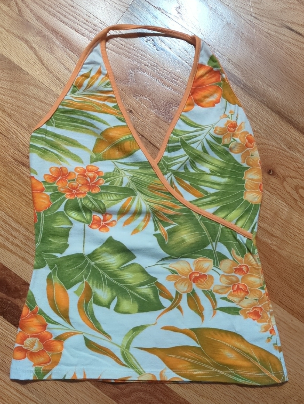 Orange Floral Halter Tank Top - Women's Tropical Print